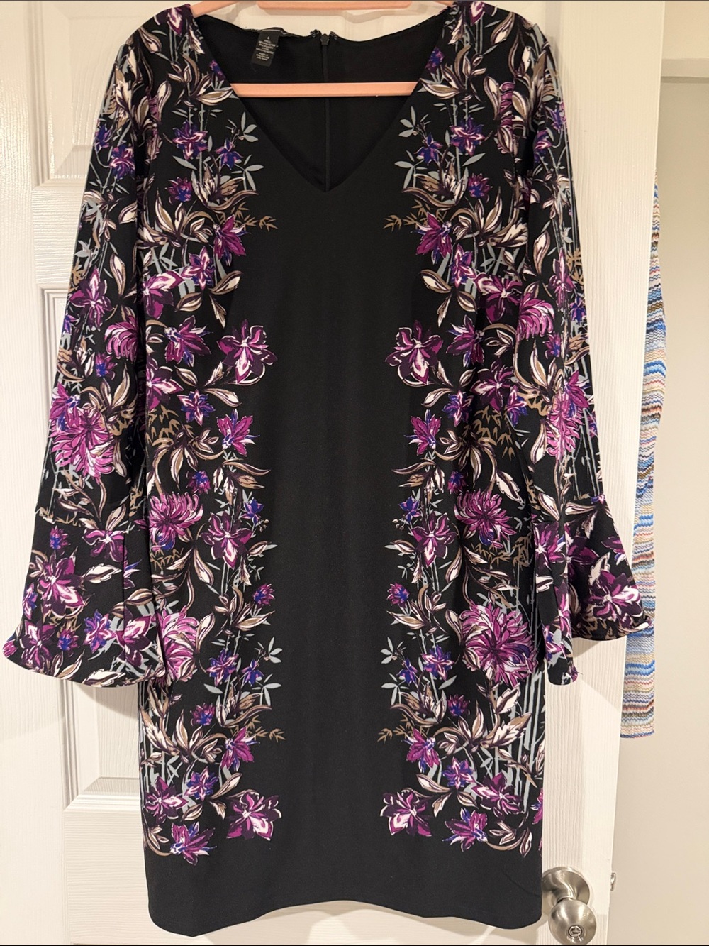 INC Floral V-Neck Long-Sleeve Black Dress with Purple Print Large